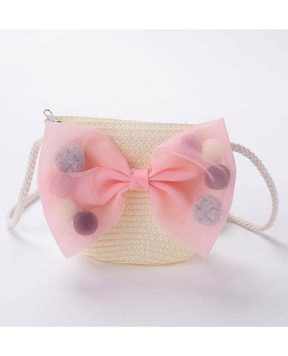 Babyhug Straw Hat Bow Design with Sling Bag - Cream