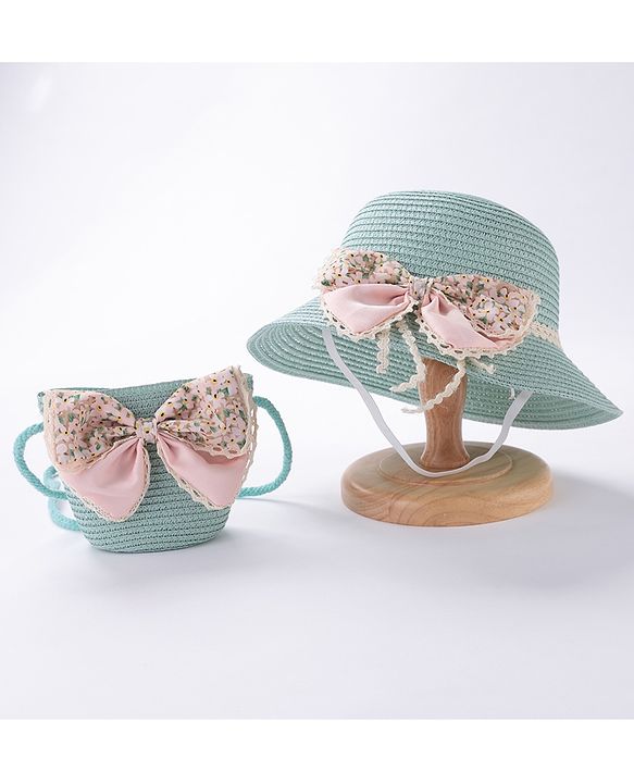 Babyhug Straw Hat Bow Design with Sling Bag - Blue