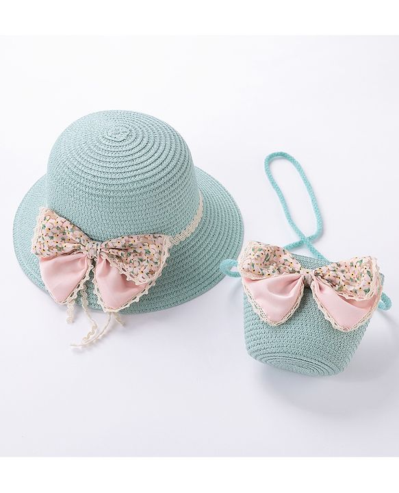 Babyhug Straw Hat Bow Design with Sling Bag - Blue