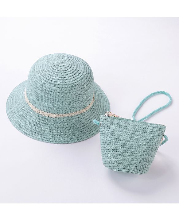 Babyhug Straw Hat Bow Design with Sling Bag - Blue