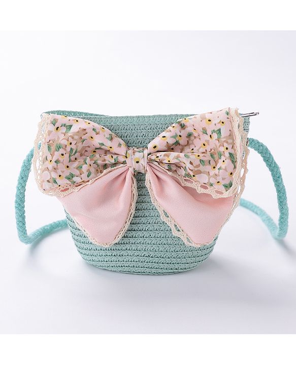 Babyhug Straw Hat Bow Design with Sling Bag - Blue