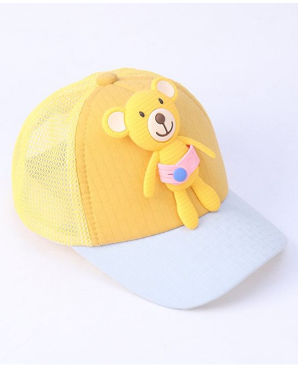 Babyhug Cotton Baseball Cap with Teddy Bear Design - Yellow
