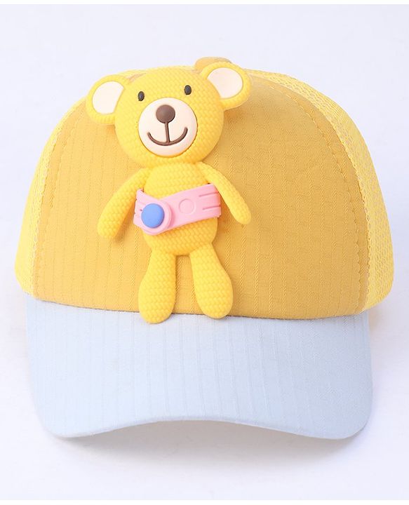Babyhug Cotton Baseball Cap with Teddy Bear Design - Yellow