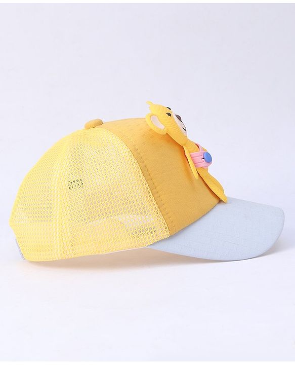 Babyhug Cotton Baseball Cap with Teddy Bear Design - Yellow