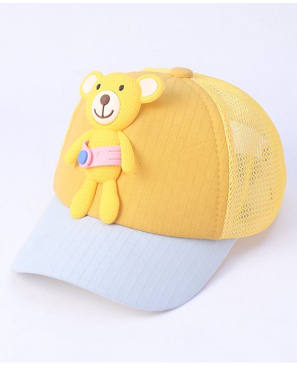 Babyhug Cotton Baseball Cap with Teddy Bear Design - Yellow