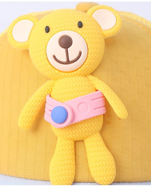 Babyhug Cotton Baseball Cap with Teddy Bear Design - Yellow