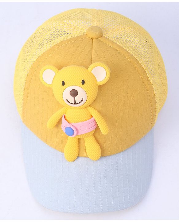 Babyhug Cotton Baseball Cap with Teddy Bear Design - Yellow