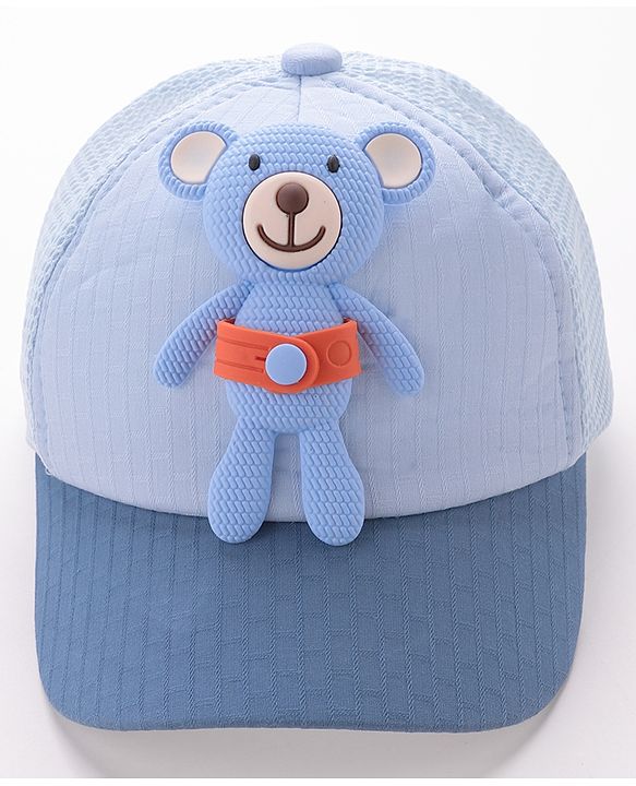 Babyhug Cotton Baseball Cap with Teddy Bear Applique-  Blue