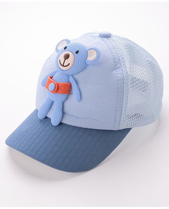 Babyhug Cotton Baseball Cap with Teddy Bear Applique-  Blue