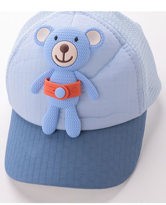 Babyhug Cotton Baseball Cap with Teddy Bear Applique-  Blue