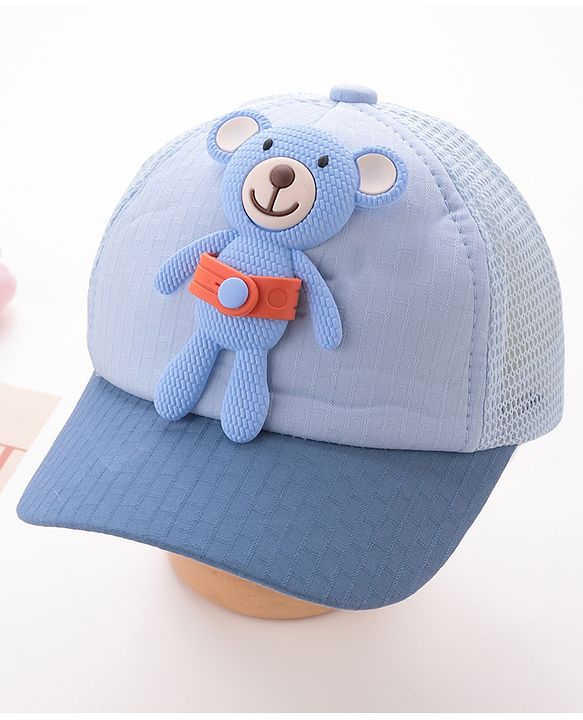 Babyhug Cotton Baseball Cap with Teddy Bear Applique-  Blue