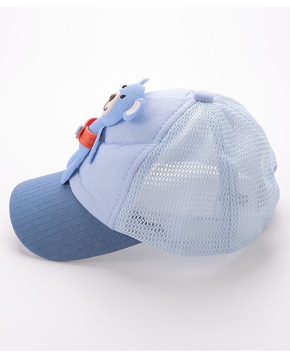 Babyhug Cotton Baseball Cap with Teddy Bear Applique-  Blue