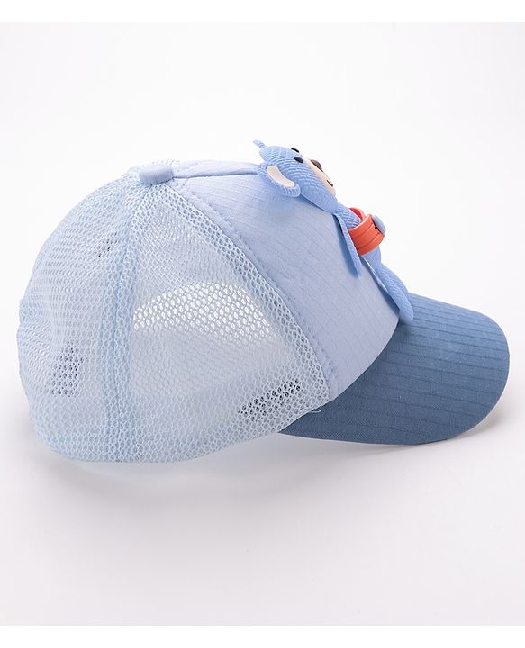 Babyhug Cotton Baseball Cap with Teddy Bear Applique-  Blue