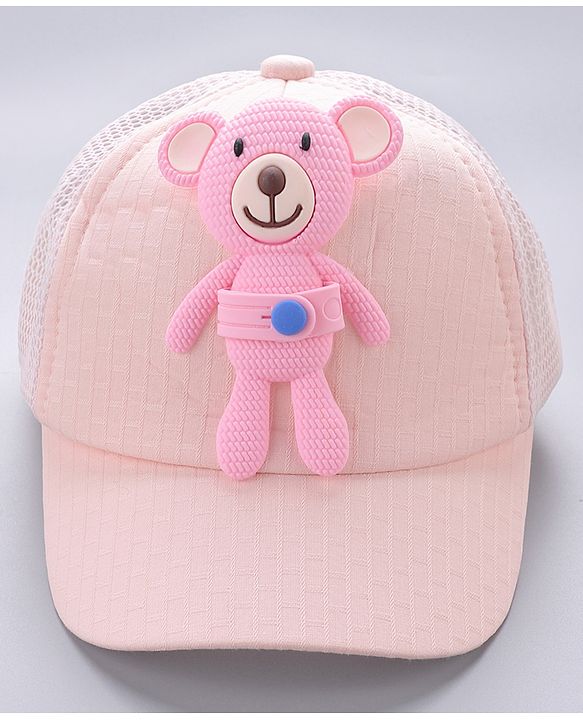 Babyhug Cotton Baseball Cap With Teddy Bear Applique - Pink
