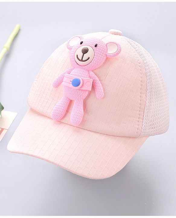 Babyhug Cotton Baseball Cap With Teddy Bear Applique - Pink