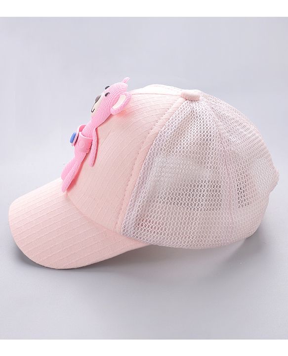 Babyhug Cotton Baseball Cap With Teddy Bear Applique - Pink