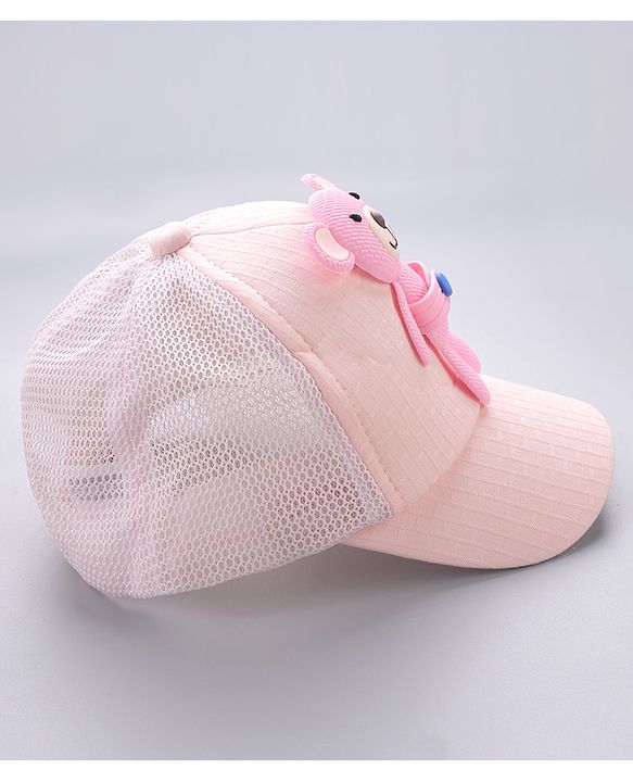 Babyhug Cotton Baseball Cap With Teddy Bear Applique - Pink