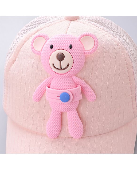 Babyhug Cotton Baseball Cap With Teddy Bear Applique - Pink