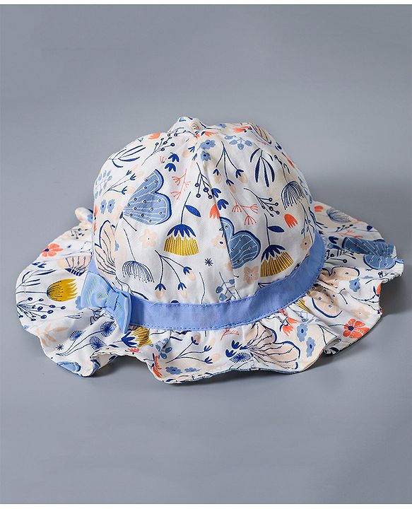 Babyhug Cotton Bucket Hat Floral Print with Bow White - Diameter 16.5 cm