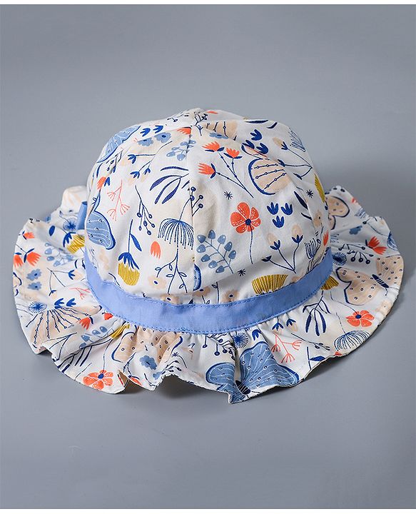 Babyhug Cotton Bucket Hat Floral Print with Bow White - Diameter 16.5 cm
