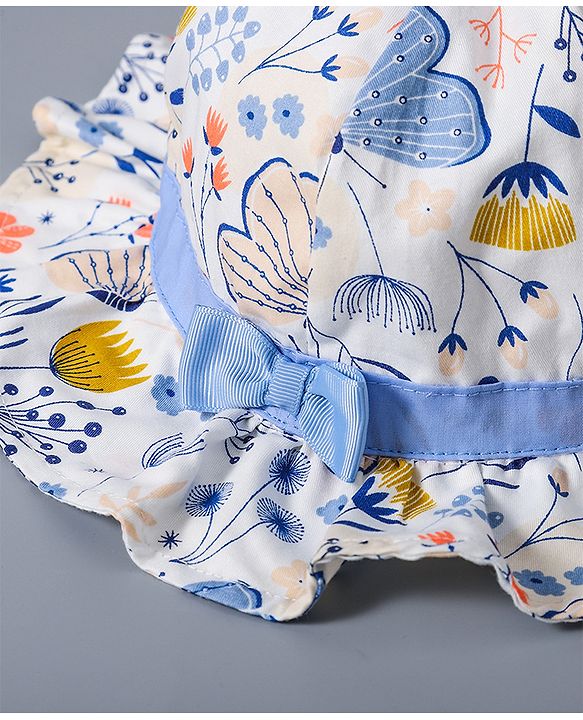 Babyhug Cotton Bucket Hat Floral Print with Bow White - Diameter 16.5 cm