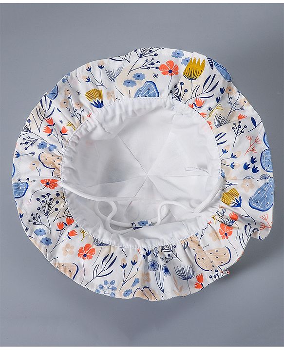 Babyhug Cotton Bucket Hat Floral Print with Bow White - Diameter 16.5 cm