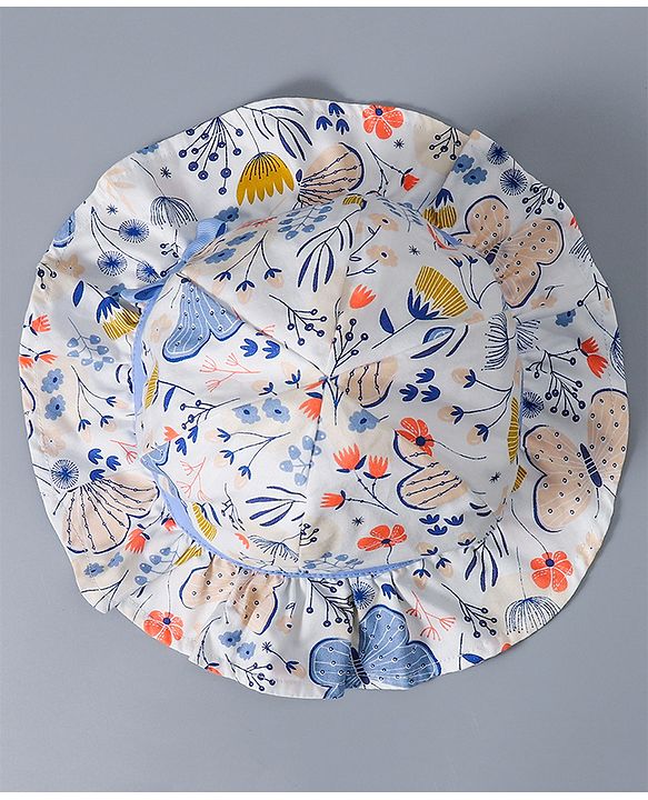 Babyhug Cotton Bucket Hat Floral Print with Bow White - Diameter 16.5 cm