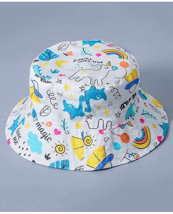 Babyhug Cotton Bucket Hat Rainbow Print White - Diameter 15.5 cm