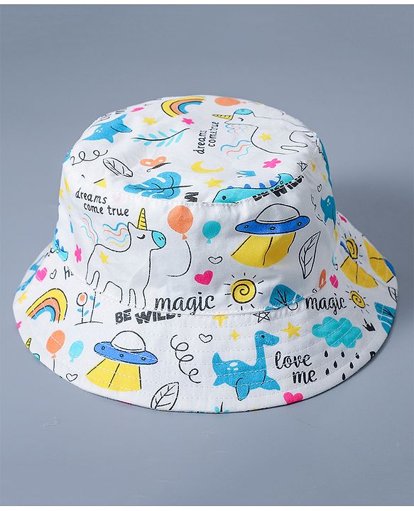 Babyhug Cotton Bucket Hat Rainbow Print White - Diameter 15.5 cm