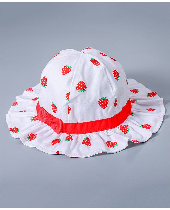 Babyhug Cotton Bucket Hat Strawberry Print with Bow White - Diameter 16 cm