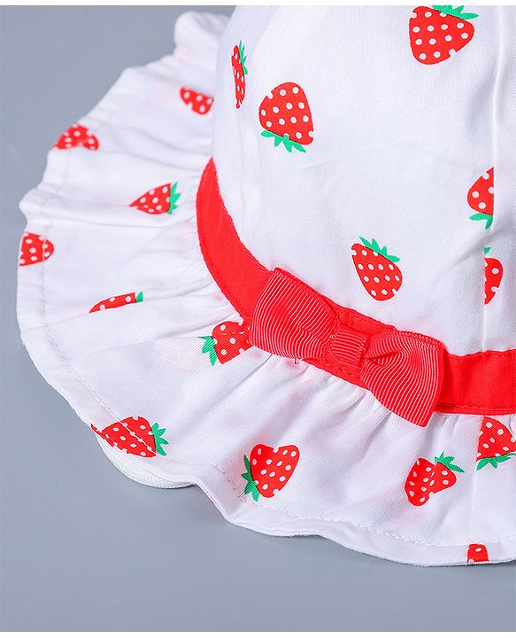 Babyhug Cotton Bucket Hat Strawberry Print with Bow White - Diameter 16 cm