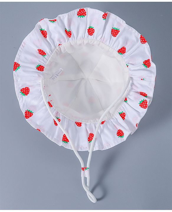 Babyhug Cotton Bucket Hat Strawberry Print with Bow White - Diameter 16 cm