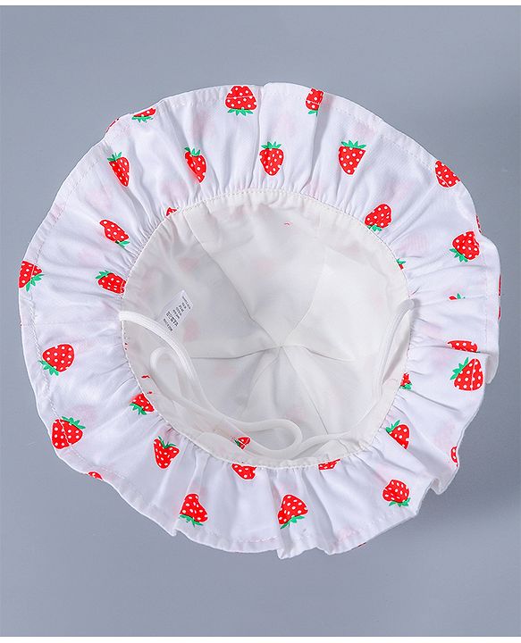 Babyhug Cotton Bucket Hat Strawberry Print with Bow White - Diameter 16 cm