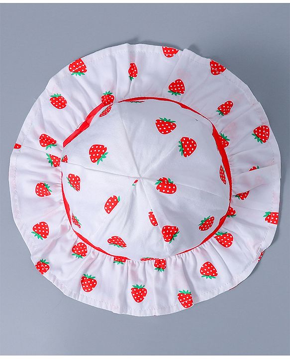 Babyhug Cotton Bucket Hat Strawberry Print with Bow White - Diameter 16 cm