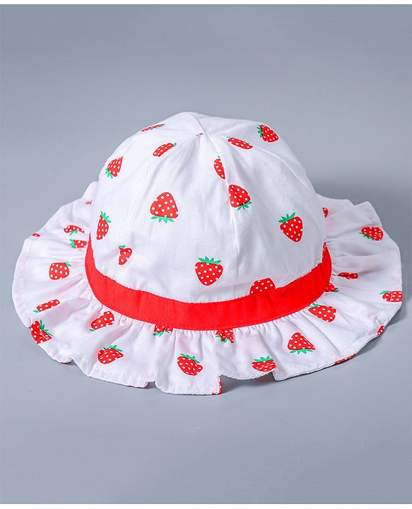 Babyhug Cotton Bucket Hat Strawberry Print with Bow White - Diameter 16 cm