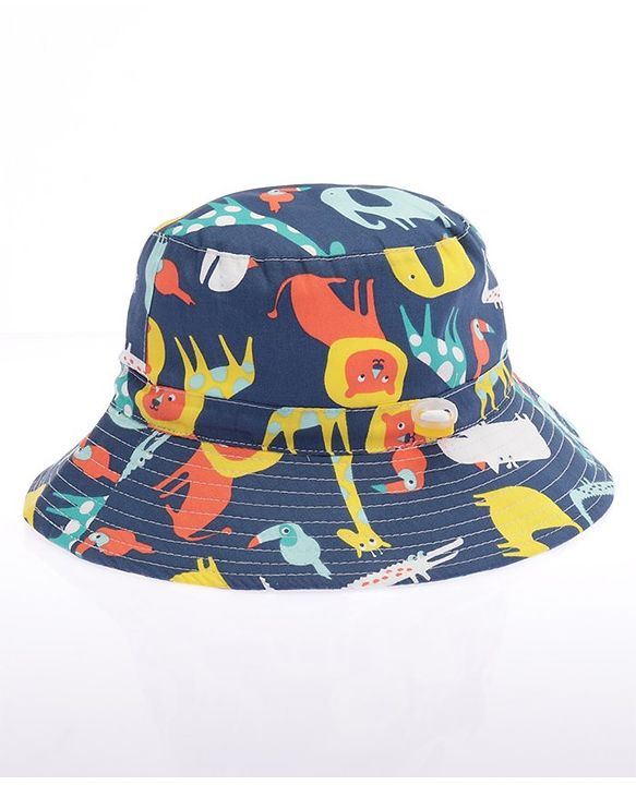 Babyhug Cotton Bucket Hat Animal Print Navy Blue - Diameter 17 cm