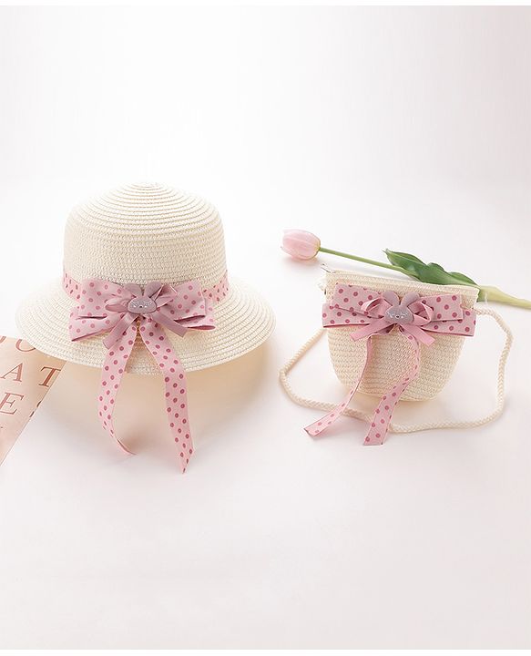 Babyhug Straw Hat with Bow Applique and Purse - White