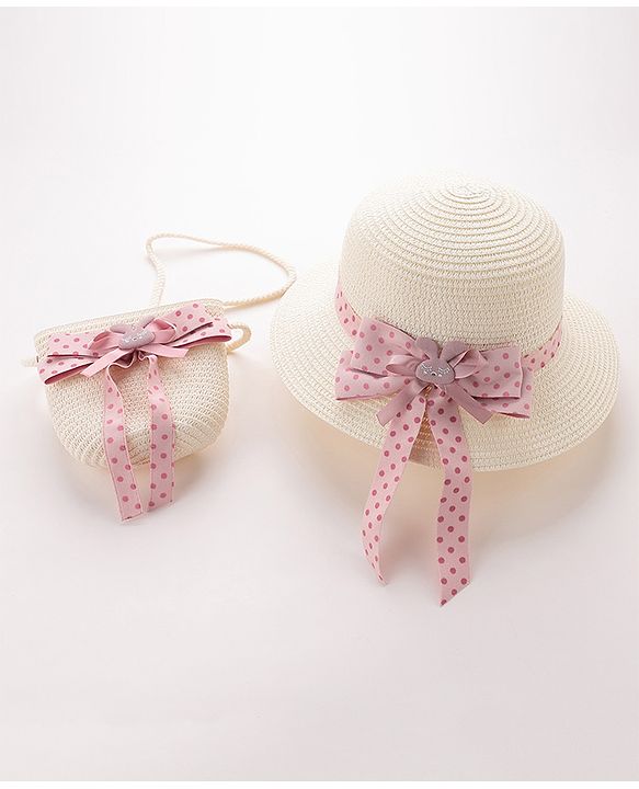 Babyhug Straw Hat with Bow Applique and Purse - White