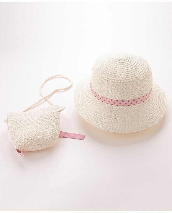 Babyhug Straw Hat with Bow Applique and Purse - White