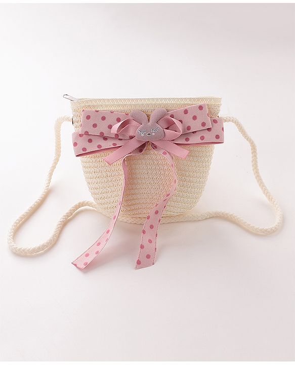 Babyhug Straw Hat with Bow Applique and Purse - White