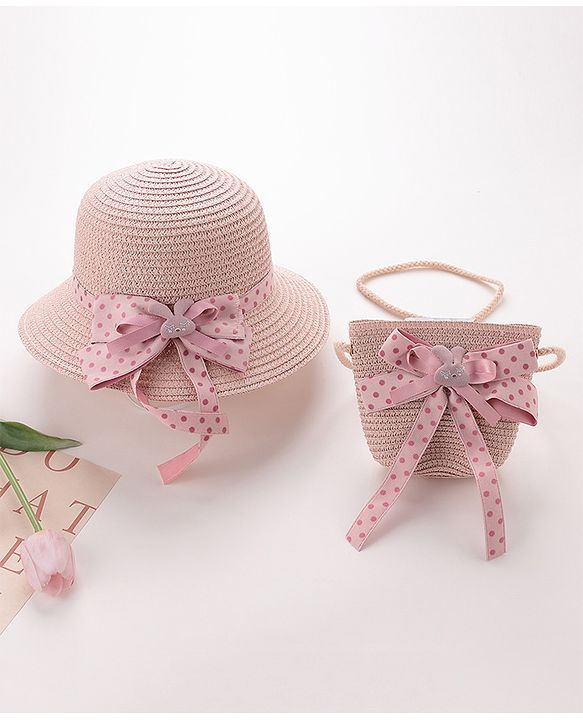 Babyhug Straw Hat with Bow Applique and Purse - Pink