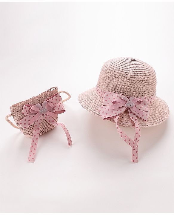Babyhug Straw Hat with Bow Applique and Purse - Pink