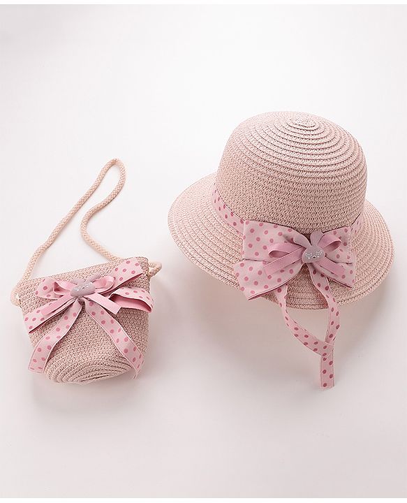 Babyhug Straw Hat with Bow Applique and Purse - Pink
