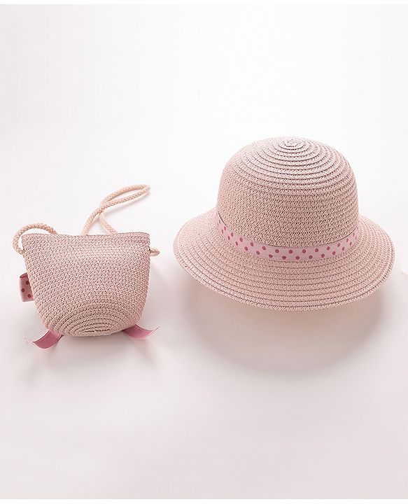 Babyhug Straw Hat with Bow Applique and Purse - Pink