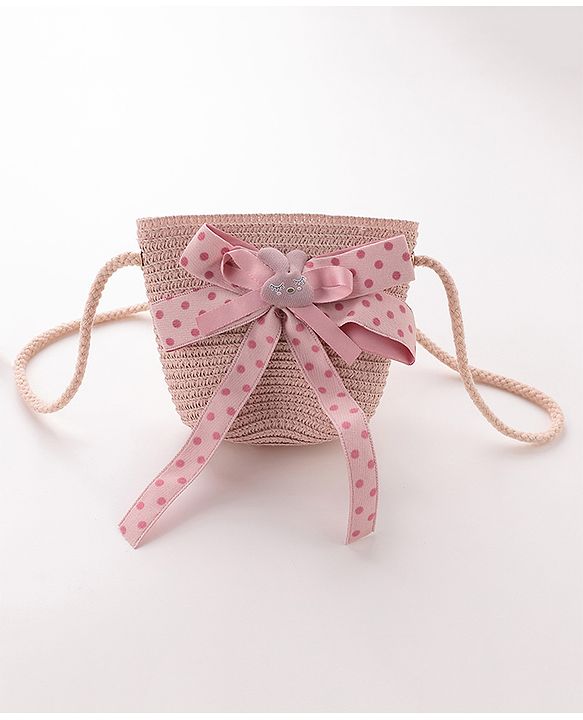 Babyhug Straw Hat with Bow Applique and Purse - Pink