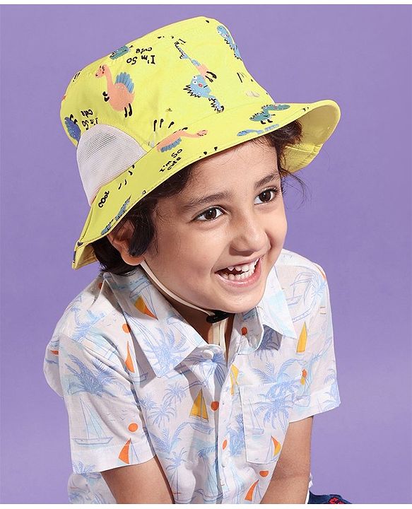 Babyhug Bucket Hat Dinosaur Print Yellow - Diameter 19 cm
