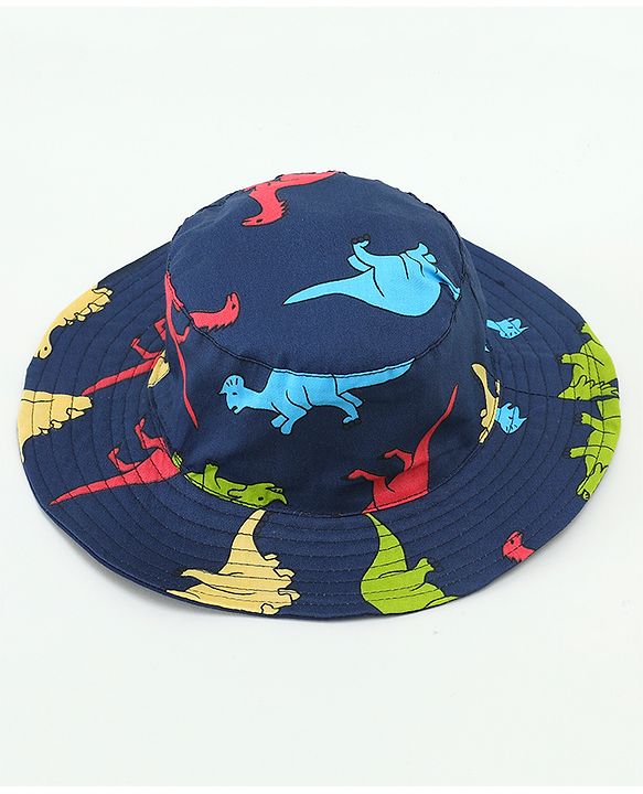 Babyhug Cotton Bucket Hat Dinosaur Print Navy Blue - Diameter 15.5 cm