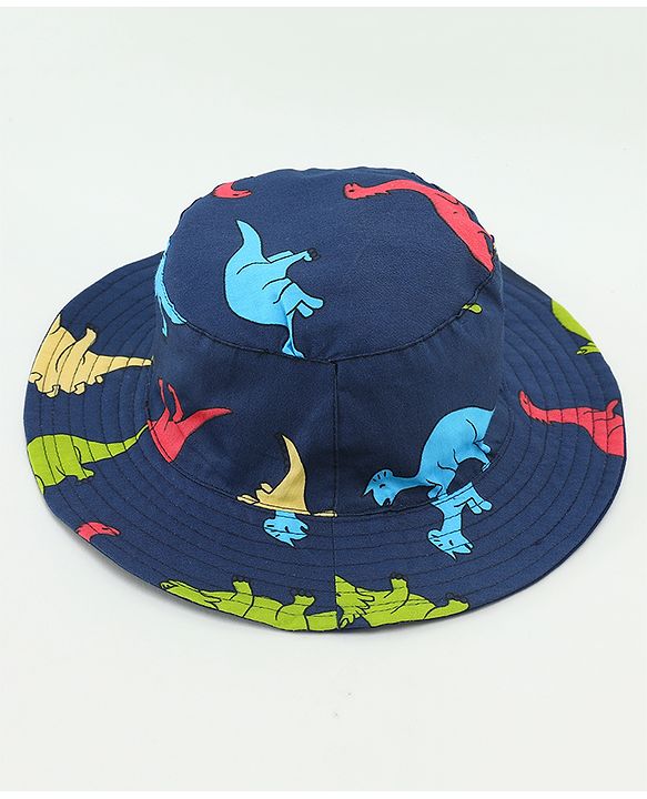 Babyhug Cotton Bucket Hat Dinosaur Print Navy Blue - Diameter 15.5 cm