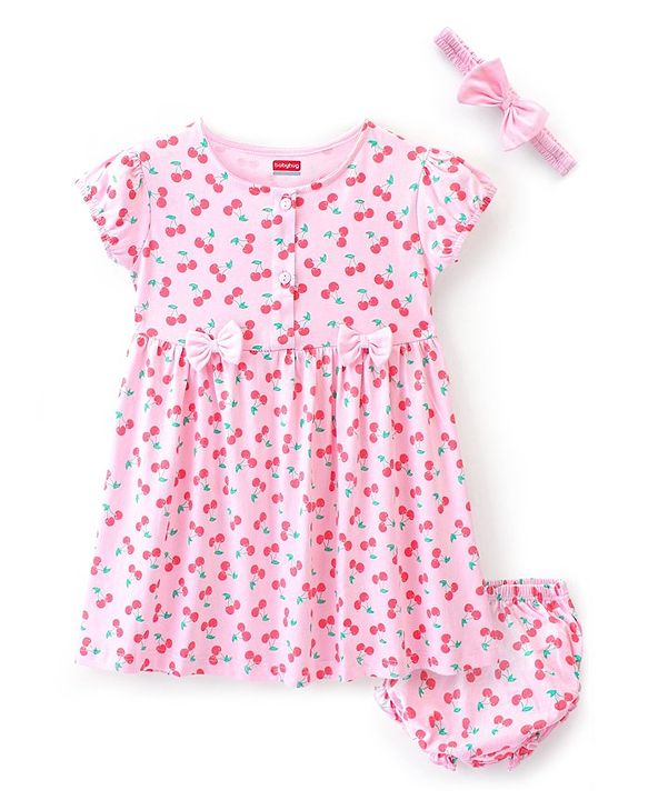 Babyhug Cotton Single Jersey Knit Half Sleeves Frock with Bloomer & Headband Cherry Print - Pink