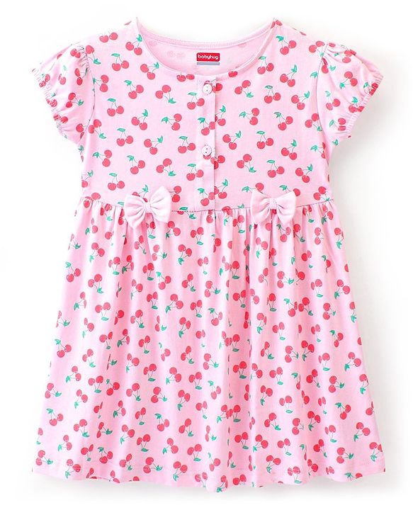 Babyhug Cotton Single Jersey Knit Half Sleeves Frock with Bloomer & Headband Cherry Print - Pink